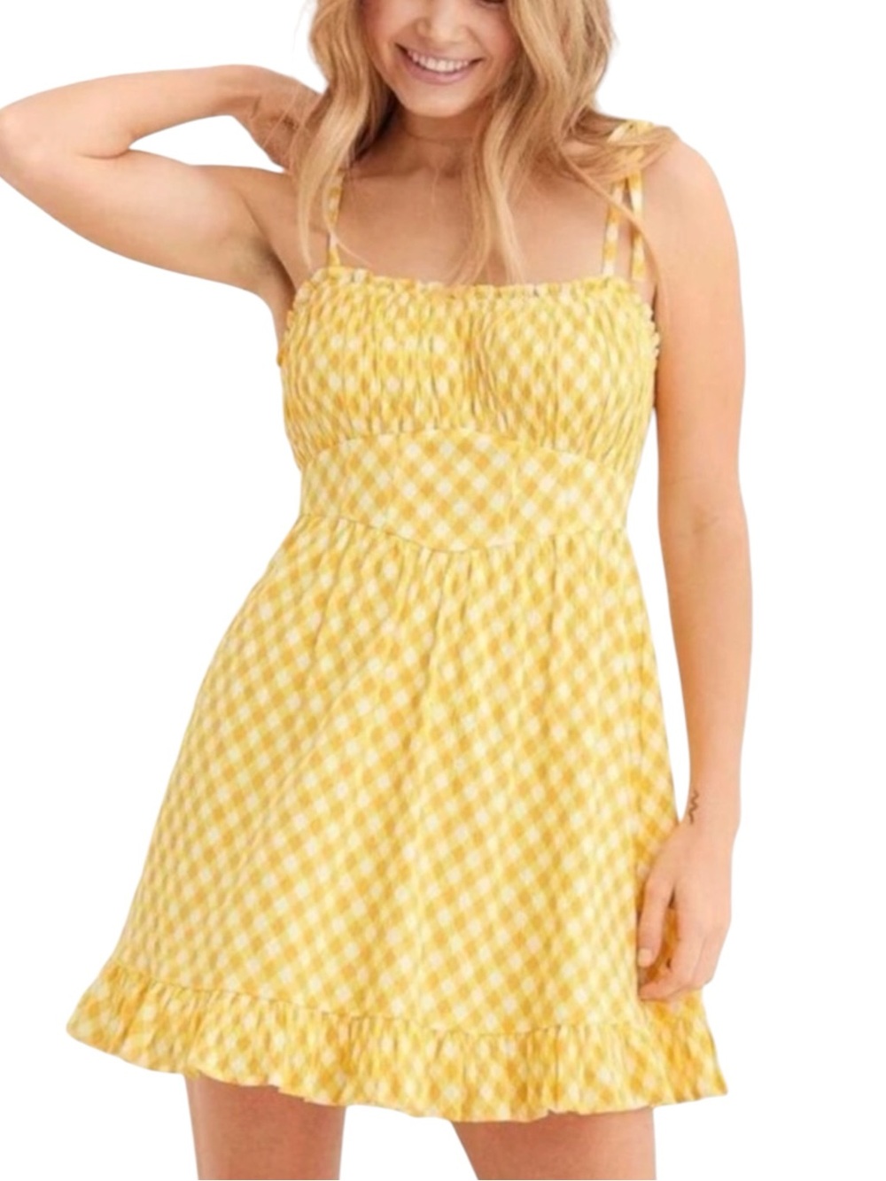 AERIE Yellow Gingham Smocked Mini Dress Tie Strap Cotton Summer Small